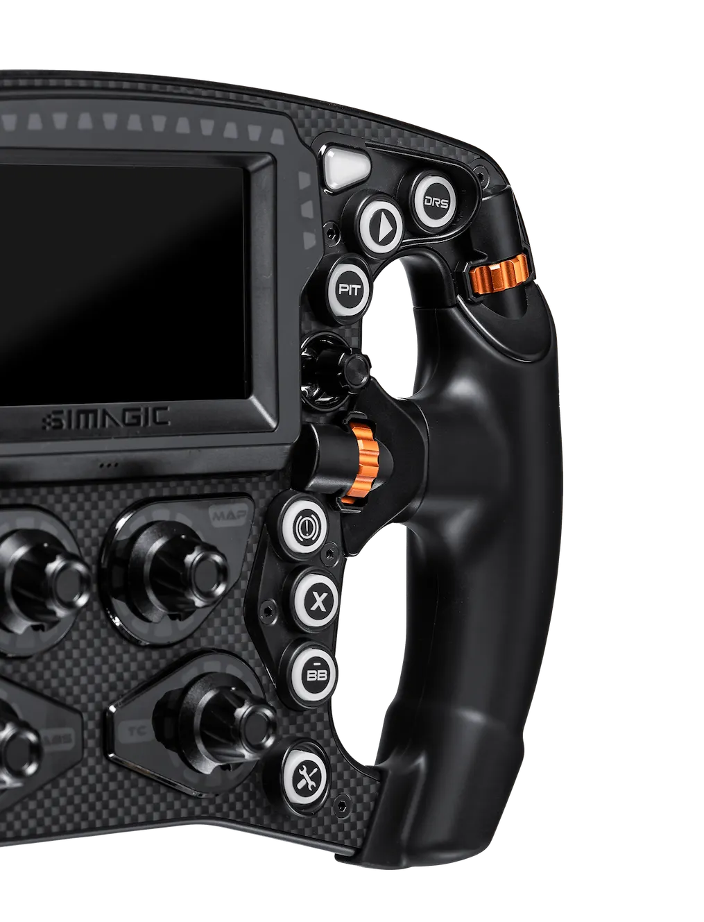 Simagic ZEUS Formula Steering Wheel – front view with telemetry display and grip
